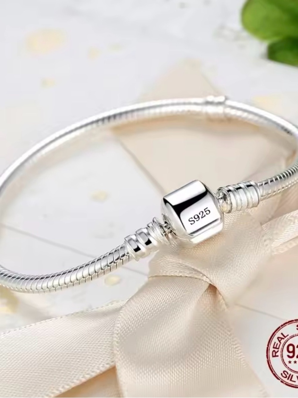 S925 Sterling Silver Snake Chain Charm Bracelet | Classic Barrel Clasp Bangle